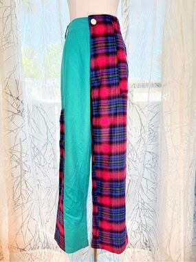 The Elder Statesman teal pink blue plaid patch work straight leg pants